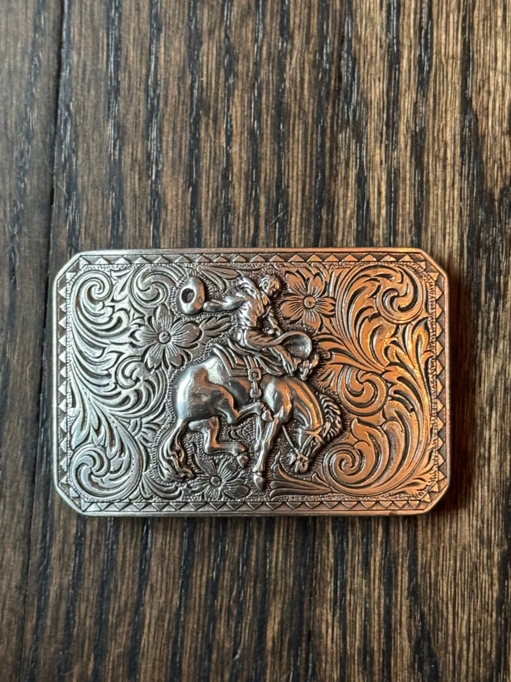 Western Rodeo Engraved Belt Buckle - Silver Tone